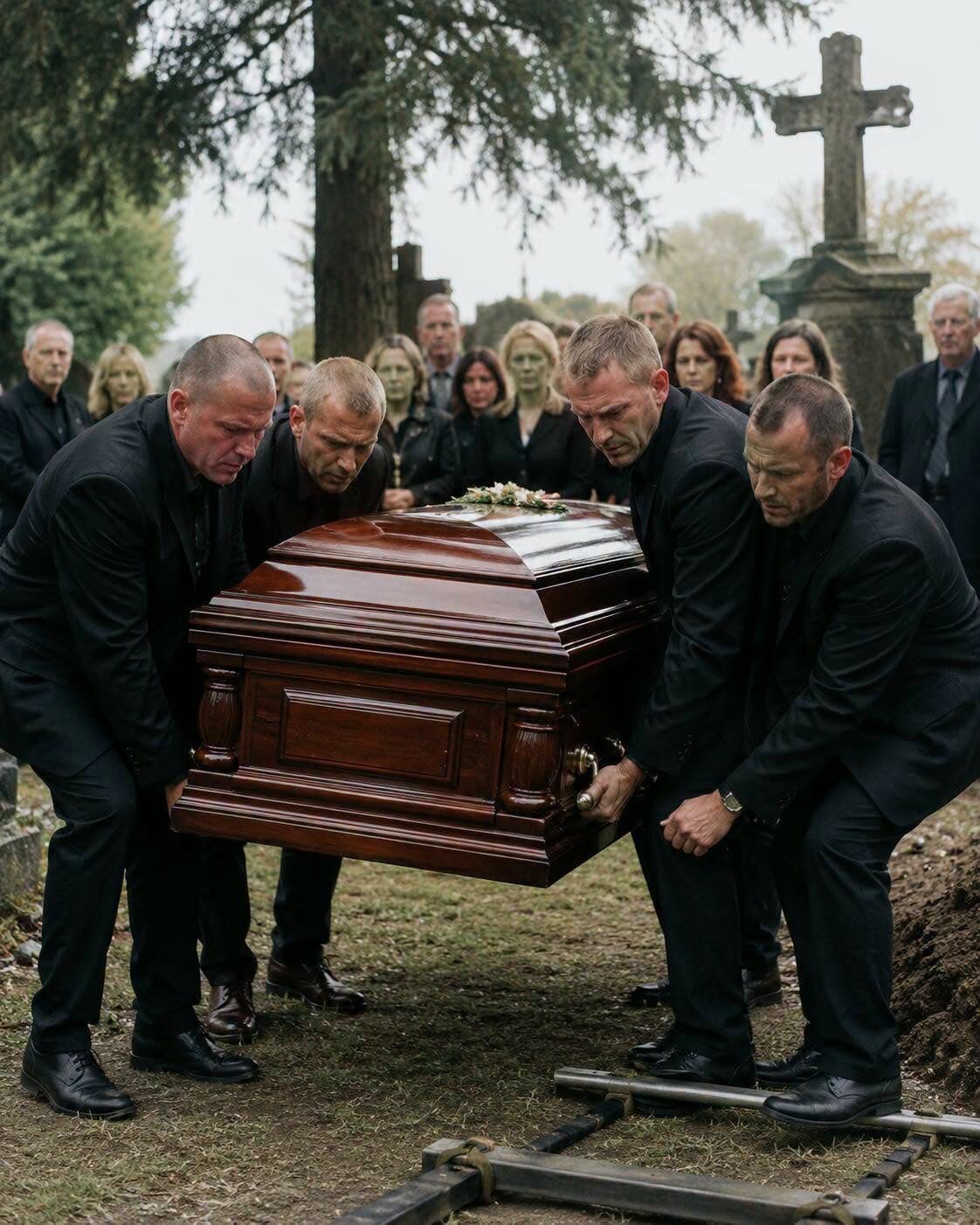 Podczas pogrzebu młodej kobiety czterech mężczyzn ledwo zdołało podnieść trumnę. Kiedy niemal ją upuścili, mąż zażądał natychmiastowego otwarcia wieka — a to, co znaleziono w środku, przerwało ceremonię