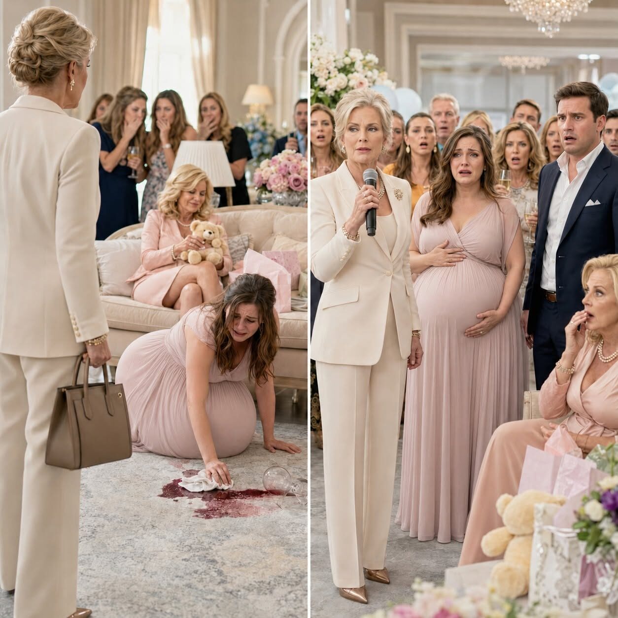 Podczas baby shower mojej córki, wszedłem i zobaczyłem ją na kolanach szorującą rozlane wino z dywanu. Jej teściowa siedziała na sofie, otwierała prezenty i kpiła ze swojej wagi. Podniosłem córkę, wziąłem mikrofon od DJ-a i wypowiedziałem pięć słów, które uciszyły całą salę balową: „Fundusz powierniczy zniknął”.