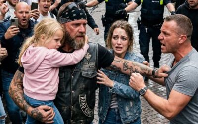 Motocyklista w skórzanym stroju nagle objął samotną matkę trzymającą swoje dziecko na środku zatłoczonej ulicy — tłum bił go za „napaść” na nią… Dopóki jej nie puścił, a oni zobaczyli krew lejącą się z jego ramienia, ponieważ chwycił nóż przeznaczony dla jej dziecka…