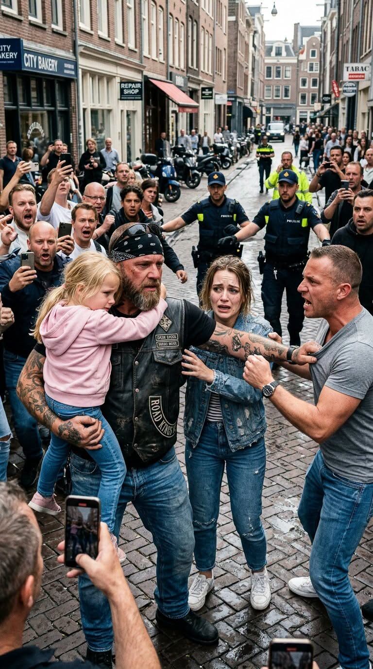 Motocyklista w skórzanym stroju nagle objął samotną matkę trzymającą swoje dziecko na środku zatłoczonej ulicy — tłum bił go za „napaść” na nią… Dopóki jej nie puścił, a oni zobaczyli krew lejącą się z jego ramienia, ponieważ chwycił nóż przeznaczony dla jej dziecka…