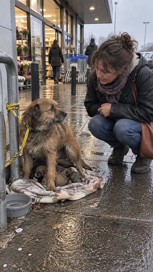 Wszyscy myśleli, że mały pies przywiązany przed supermarketem jest niebezpieczny — aż do momentu, gdy pewna kobieta uklękła i odkryła, czego tak desperacko broniła😢🐾