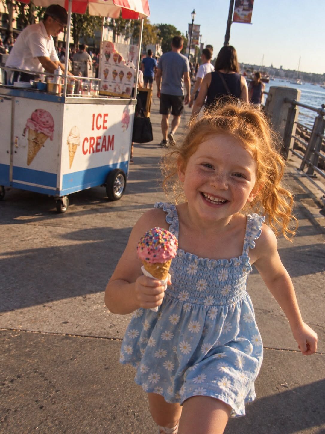 Sprzedawca lodów dał mojej 6-letniej córce darmowy rożek na plaży. Dwadzieścia minut później dwóch policjantów biegło prosto w naszym kierunku, pytając: „Czy to ta mała dziewczynka, która dostała darmowe lody?”. Po czym spojrzeli na wózek i powiedzieli: „Sprzedawca zniknął”.