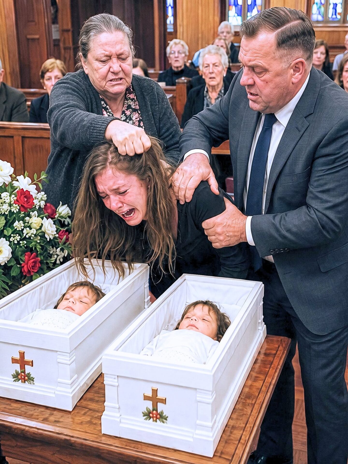 Na pogrzebie moich bliźniaków, gdy odeszły we śnie, moja teściowa syknęła: „Bóg je zabrał, bo wiedział, jaką mają matkę!”. W końcu warknęłam i krzyknęłam: „Czy przynajmniej będziesz dziś cicho?”. Uderzyła mnie, złapała za głowę i rzuciła na trumnę, szepcząc: „Zamknij się, bo skończysz tam”. Wtedy moja córka nagle krzyknęła… a jad w jej głosie sprawił, że cały pokój ucichł.