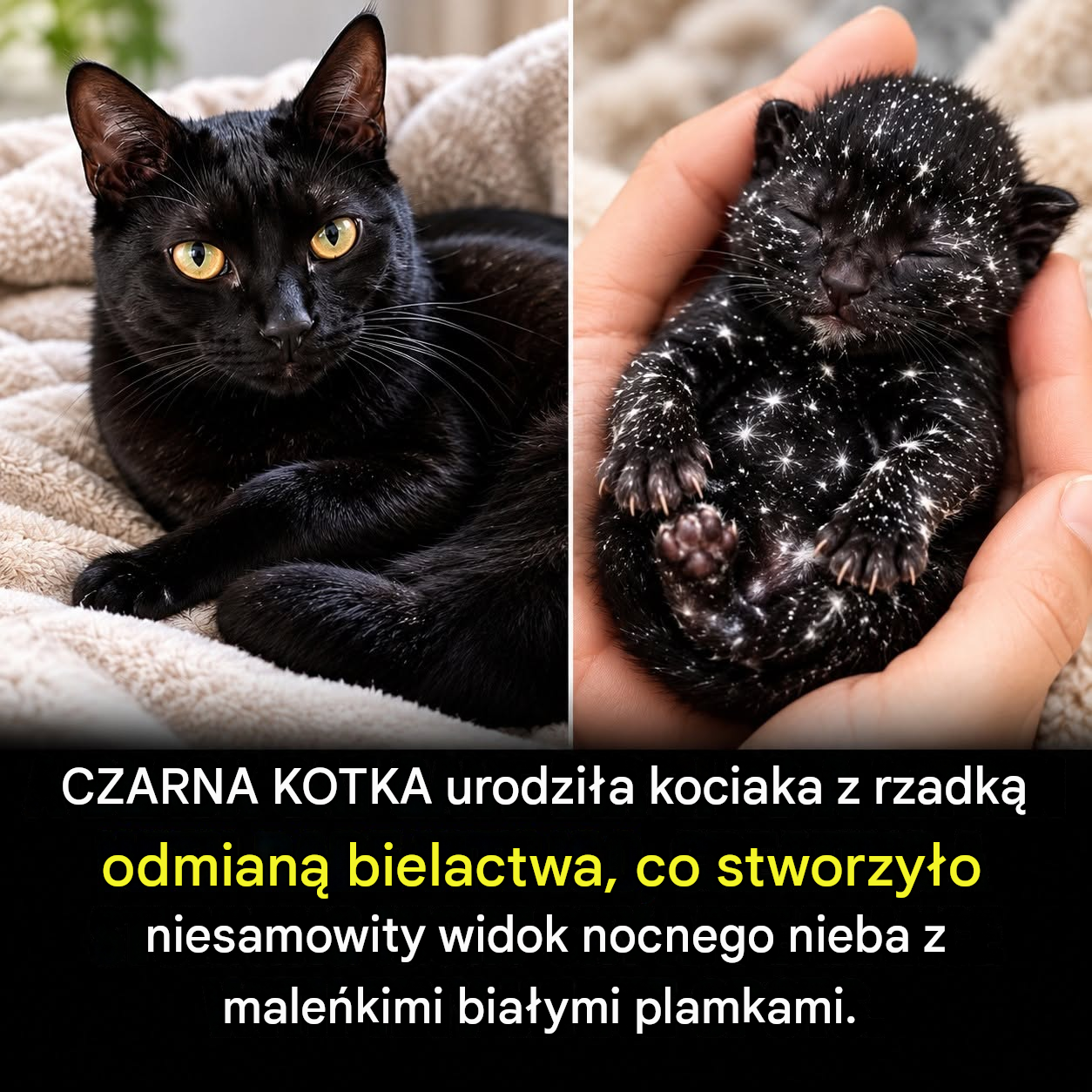 Rzadkie bielactwo zmienia futro czarnego kotka w oszałamiające, rozgwieżdżone niebo